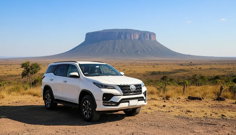 Toyota Fortuner en la Gran Sabana con un tepuy al fondo