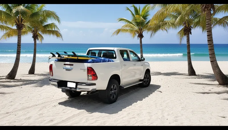 Toyota Hilux SR5 en una playa venezolana con tablas de surf Toyota Hilux SR5 en una playa venezolana con tablas de surf
