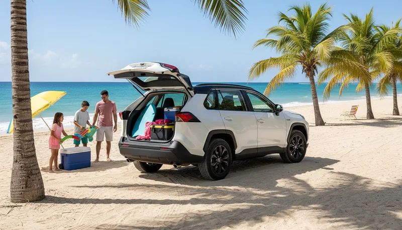 Familia descargando la maleta de la Toyota RAV4 en la playa