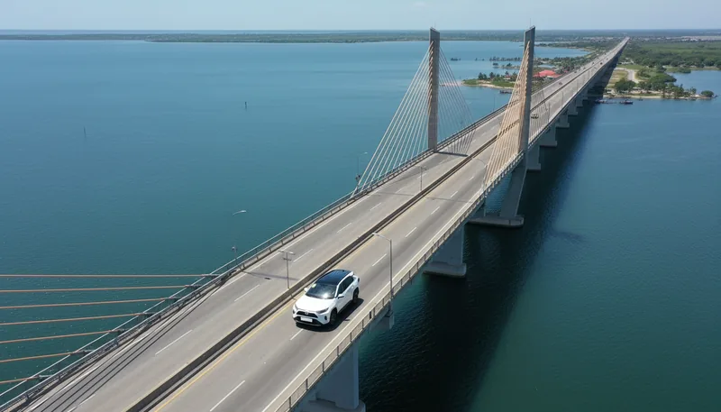 Toyota RAV4 cruzando el puente sobre el Lago de Maracaibo vista desde un dron